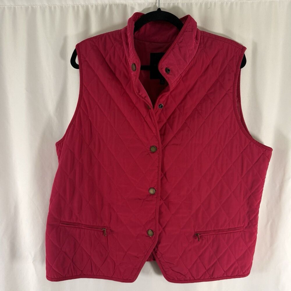 Talbots Quilted Vest Women's XL Pink Snap Button Sleeveless Pockets Knit Sides
